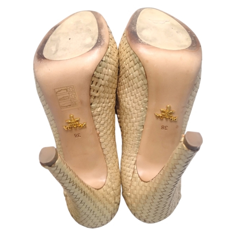 PRADA | Raffia Platform Pumps Beige Gold Heels Size 38 Italy - Picture 7 of 8